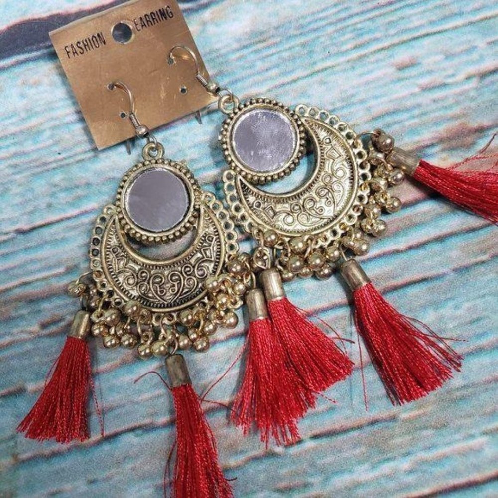 Red Boho Gold & Tassel Drop Earrings